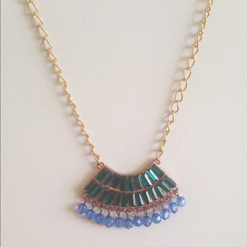 Boho Chic Gold, Emerald & Blue Fashion Necklace